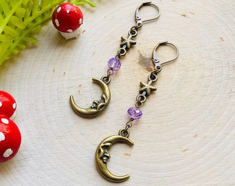 Bronze Whimsigoth Crescent Moon Earrings - Celestialcore / Dark Cottagecore / Dark Academia / Witchy Jewelry