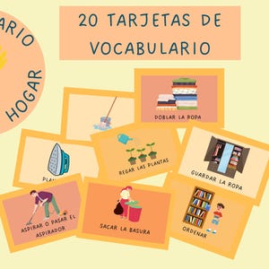 May include: A collection of illustrated flashcards with Spanish vocabulary related to household chores. The cards feature images and text in Spanish, including phrases like "folding clothes" and "watering plants." The image also includes a circular logo with the words "Vocabulary" and "Household Tasks."