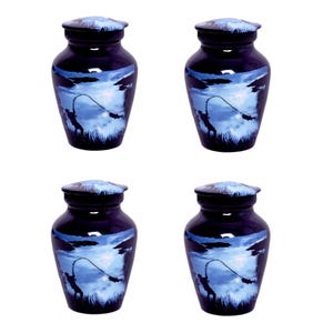May include: Four navy blue urns with a fishing scene. Each urn features a lid and a cylindrical body. The scene depicts a person fishing with a blue sky and water background. The urns are designed for memorial purposes.