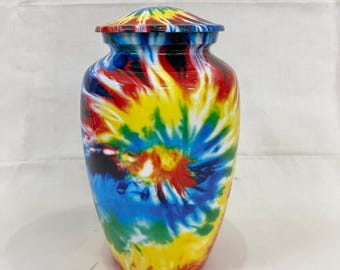 Tie-dye crematie-urn, regenbooggedenkteken, metalen urn voor volwassenen (200 cu inch)