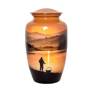 Fisherman Cremation Urn for Adult Ashes – Premium Orange Aluminum Memorial Urn – Large Decorative Tribute with Fishing Design