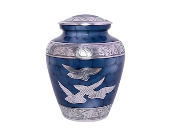 Crematie-urn Angel Doves: handgemaakt aluminium, bloemengravure