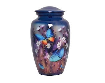 Vlindercrematie-urn voor volwassen menselijke as – Grote herdenkingsurn van 200 pond met kleurrijke vlinders en bloemdessin – Handgemaakt eerbetoon