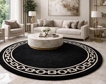 Black Round Hand Tufted Rug, Chain Border, Modern Minimalist Carpet