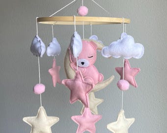 Handgemachte Rosa Bär Baby Mobile | Filz Mobile mit Sternen, Wolken & Mond | Baby Mädchen Krippe Dekor