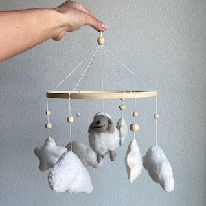 Neutral Baby Mobile with Sheep & Clouds | Crib Mobile Nursery Decor for Baby Boy or Girl | Boho Gender Neutral Woodland Baby Shower Gift