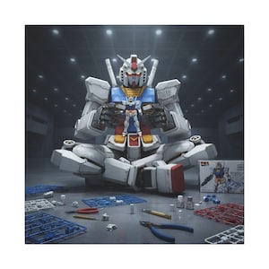 以下が含まれることがあります： 白と青の大きなガンダムのプラモデルが、それより小さいバージョンを持っています。プラモデルのパーツ、工具、ガンダムのイラストが描かれた箱が灰色の表面にあります。背景は薄暗いワークショップです。