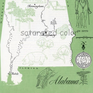 Alabama Map vintage - High Res DIGITAL IMAGE 1960s Picture Map - Fun Retro Color - transfert d'image pour les cartes fourre-tout oreillers impression souvenir