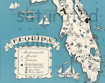 Florida Landkarte - Karte Kunst - hochauflösenden digitalen DOWNLOAD-Bild von einem 1930er Jahre Jahrgang Bild Karte - Aqua-Türkis - charmant & Spaß - Hochzeit
