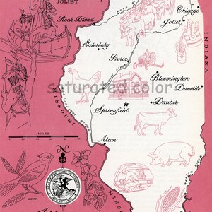 Illinois Map vintage - High Res DIGITAL IMAGE 1960s Picture Map - Fun Retro Color - transfert d'image pour les cartes fourre-tout oreillers impression souvenir