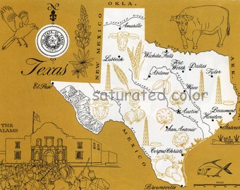 Texas Map Vintage - High Res DIGITAL IMAGE 1960s Picture Map - Fun Retro Colors - Abilene Waco Tyler Austin Beaumont Amarillo Fort Worth