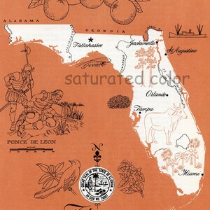 Florida kaart Vintage-hoge resolutie digitale afbeelding 1960s fotokaart-leuke retro kleur-beeldoverdracht voor kaartenbakken kussens souvenir afdrukken