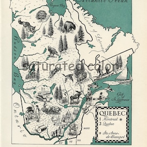 Quebec Canada Map Art - Imagen DIGITAL de alta resolución de un mapa de imágenes vintage de la década de 1940 - Arte instantáneo - Crema negra turquesa verde azulado - Encantador y divertido