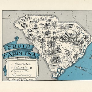 South Carolina Map Vintage Map Art High Res DIGITAL IMAGE of a 1930s Vintage Picture Map Turquoise Aqua Charming & Fun image 3