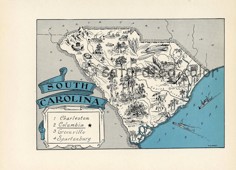 South Carolina Map Vintage Map Art High Res DIGITAL IMAGE of a 1930s Vintage Picture Map Turquoise Aqua Charming & Fun image 3