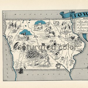 Fun Iowa Map Vintage Map Art High Res DIGITAL IMAGE of a 1930s Vintage Picture Map Turquoise Aqua Charming & Fun image 2