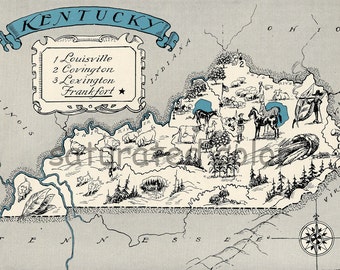 Kentucky Map Vintage - High Res DIGITAL IMAGE of a 1930s Vintage Picture Map - Aqua Turquoise - Charming & Fun