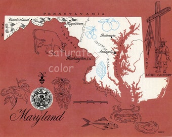 Maryland Karte Vintage - High Res DIGITAL IMAGE 1960er Jahre Bildkarte - Spaß Retro Farbe - Bildtransfer für Karten ToteKissen Souvenir Druck