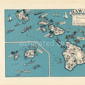 Hawaii Map Vintage High Res DIGITAL IMAGE of a 1930s Vintage Picture Map Aqua Turquoise Charming & Fun image 2