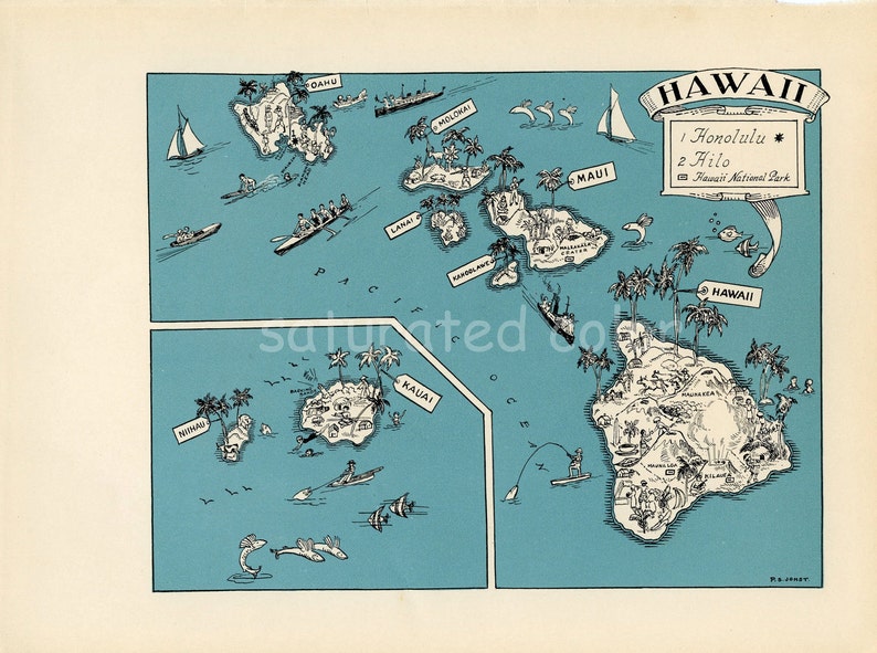 Hawaii Map Vintage High Res DIGITAL IMAGE of a 1930s Vintage Picture Map Aqua Turquoise Charming & Fun image 2