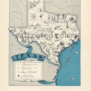 May include: A vintage cartoon map of Texas with illustrations of oil derricks, cattle, and other Texas-themed imagery. The map includes the cities of Houston, Dallas, San Antonio, and Austin.