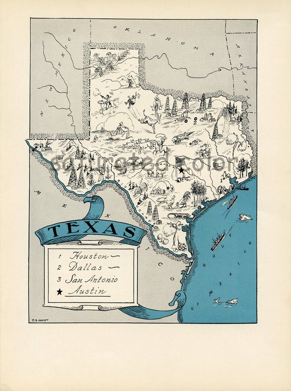 Texas Vintage Map - High Res DIGITAL IMAGE 1930s Vintage Picture Map - Turquoise Aqua - Charming & Fun - Weddings Map