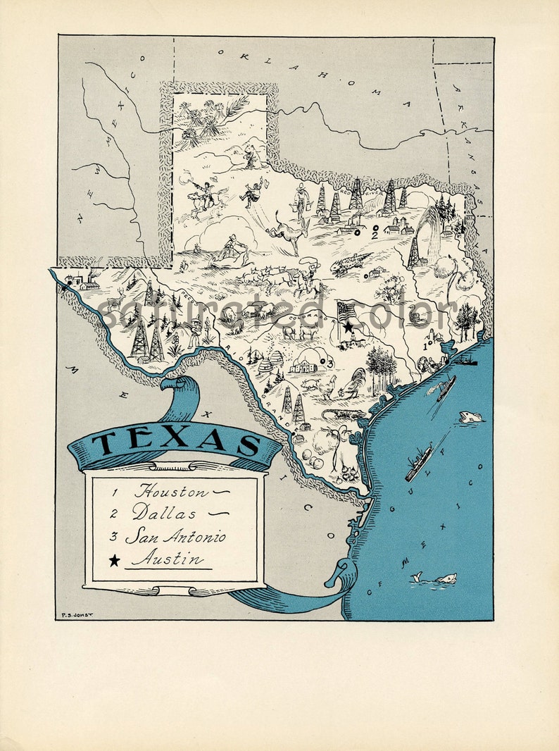 May include: A vintage cartoon map of Texas with illustrations of oil derricks, cattle, and other Texas-themed imagery. The map includes the cities of Houston, Dallas, San Antonio, and Austin.