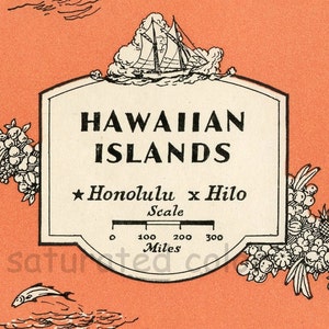 Hawaii carte - IMAGE numérique de haute résolution - 1940 Vintage photo carte îles hawaïennes - Orange Tangerine Tango - rétro Fun-