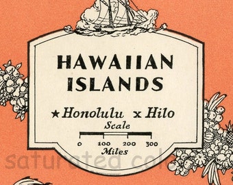 Hawaii - hochauflösende digitale Bild - Karte 1940 Vintage Bild Karte Hawaii-Inseln - Mandarine Tango - Retro-Spaß - Orange