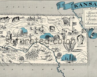 Kansas Map - Map Art - High Res DIGITAL IMAGE of a 1930s Vintage Picture Map - Turquoise Aqua - Charming & Fun