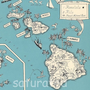 Hawaii carte Vintage - haute résolution IMAGE numérique d’une image Vintage des années 1930 carte - Aqua Turquoise - charme & Fun