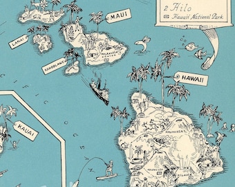 Hawaii Map Vintage - High Res DIGITAL IMAGE of a 1930s Vintage Picture Map - Aqua Turquoise - Charming & Fun - Cottage Shabby Chic