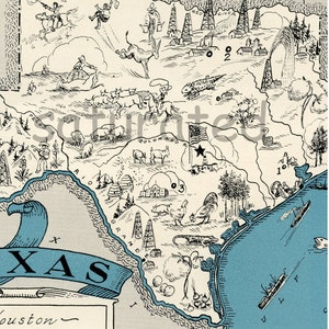 Texas Map - High Res DIGITAL IMAGE 1930s Vintage Picture Map - Turquoise Aqua - Charming & Fun - Weddings Map