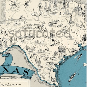 Texas Map - High Res DIGITAL IMAGE 1930s Vintage Picture Map - Turquoise Aqua - Charming & Fun - Weddings Map