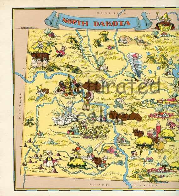 Williston Minot Rugby Medora Mandan Bismarck Jamestown Souvenir ORIGINAL Vintage 1960s Picture Map Fun Retro Colors North Dakota Map