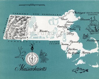 Massachusetts Karte Vintage - High Res DIGITAL IMAGE 1960er Jahre Bildkarte - Spaß Retro Farben - Bildtransfer für Karten Totes Souvenir Drucke
