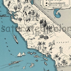 May include: A black and white line drawing map of California with various landmarks and icons. The map includes the cities of San Diego, Sacramento, and Yosemite National Park. The map also includes a variety of icons representing different activities and attractions, such as a surfer, a fisherman, a hiker, and a photographer.