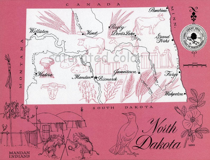 Williston Minot Rugby Medora Mandan Bismarck Jamestown Souvenir ORIGINAL Vintage 1960s Picture Map Fun Retro Colors North Dakota Map