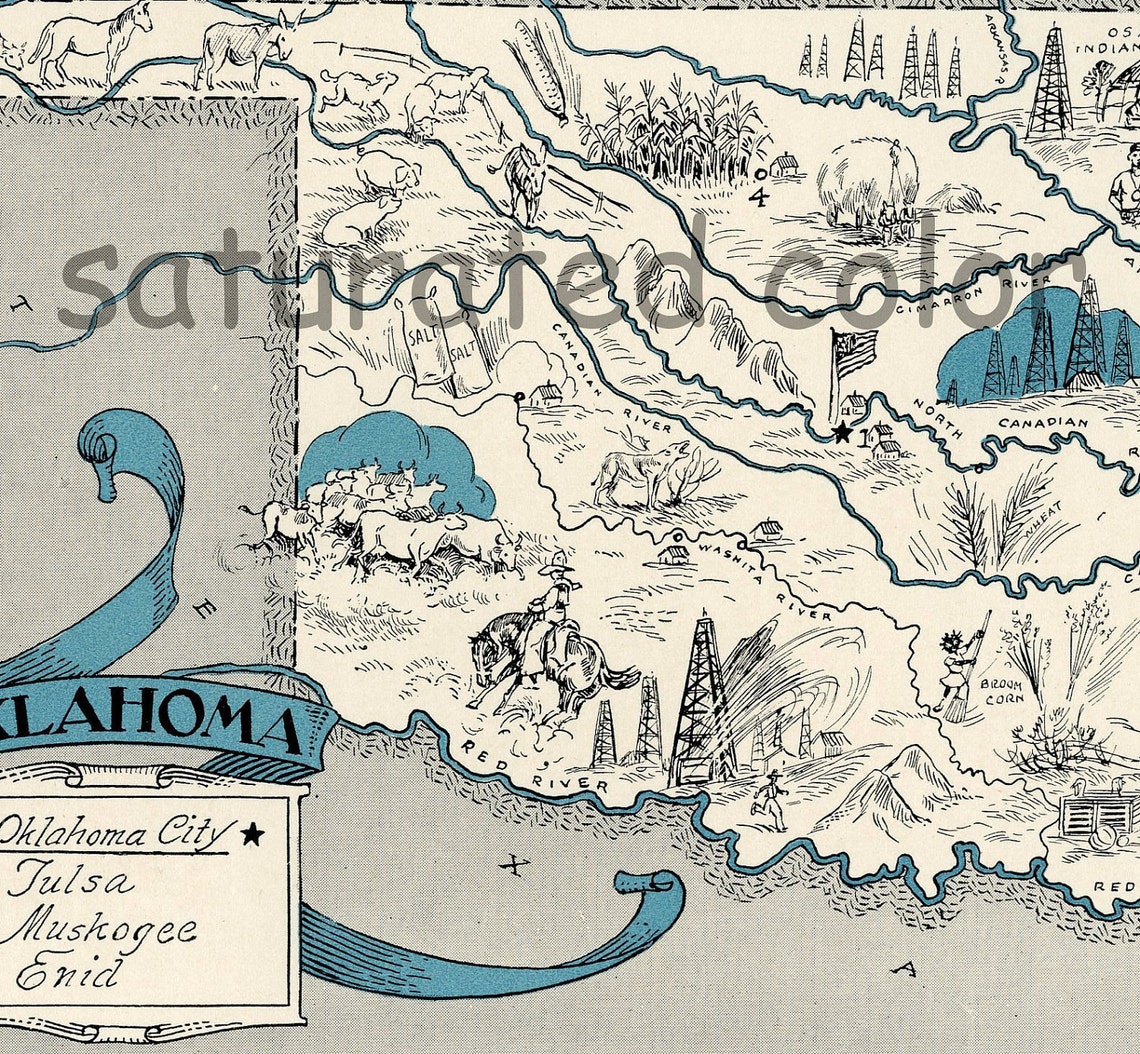 Oklahoma Map Vintage - Map Art - High Res DIGITAL IMAGE of a 1930s ...