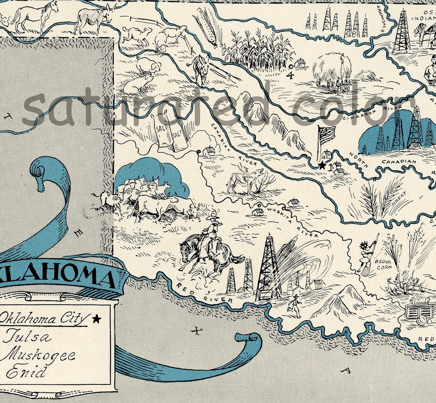 Oklahoma Map Vintage - Map Art - High Res DIGITAL IMAGE of a 1930s ...