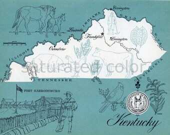 Kentucky Map Vintage - High Res DIGITAL IMAGE 1960s Picture Map - Fun Retro Color - image transfer for cards totes pillows souvenir print