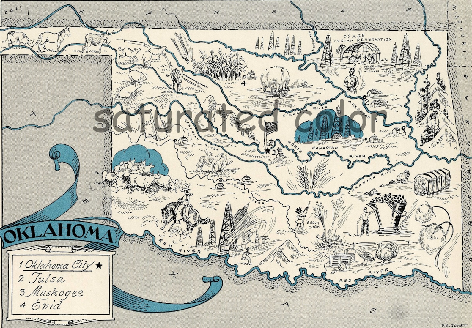 Oklahoma Map Vintage - Map Art - High Res DIGITAL IMAGE of a 1930s ...