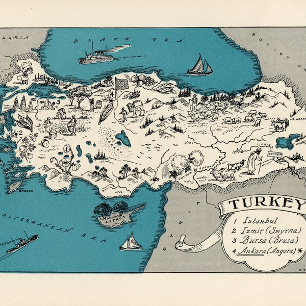 TURKEY Map Digital Download vintage picture map - DIY print & frame 8x10 or for Pillows Totes Cards Wedding Paul Spener Johst Istanbul Bursa