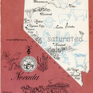 Nevada kaart Vintage-hoge resolutie digitale afbeelding 1960s fotokaart-leuke retro kleuren-Image Transfer voor kaartenbakken souvenir wordt afgedrukt