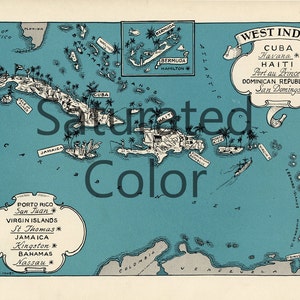 May include: A vintage map of the West Indies, showing Cuba, Jamaica, Haiti, and the Dominican Republic. The map is in blue and white, with detailed illustrations of islands, ships, and palm trees. Text includes place names like Havana, Nassau, and San Juan.