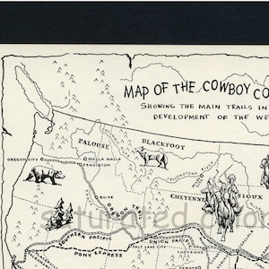 Vintage Cowboy Country Map - DIGITALE AFBEELDING DOWNLOAD - Jaren 1950 Kaart van Cowboy Trails & Indian Territories Wild Wild West Children's Illustration