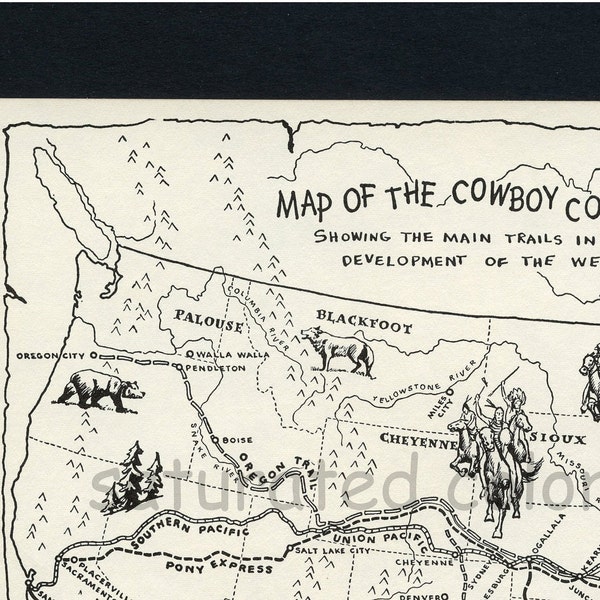 Vintage Cowboy Country Map - DIGITAL IMAGE DOWNLOAD - 1950s Map of Cowboy Trails & Indian Territories Wild Wild West Children's Illustration