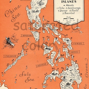 Philippinen - hochauflösende digitale Bild 1940 Vintage Bild Map - Mandarine Tango - Retro-Orange - Segeln Segelboot charmant & Spaß