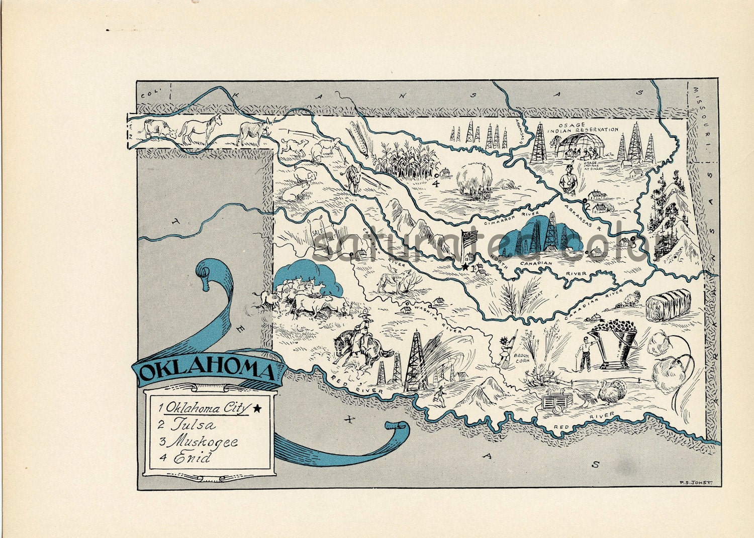 Oklahoma Map Vintage - Map Art - High Res DIGITAL IMAGE of a 1930s ...