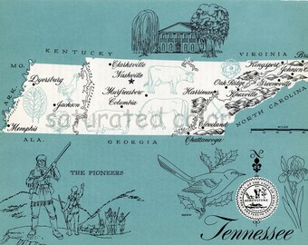 Tennessee Karte Vintage - High Res DIGITAL IMAGE 1960er Jahre Bildkarte - Spaß Retro Farben - Bildtransfer für Karten Totes Souvenir Drucke